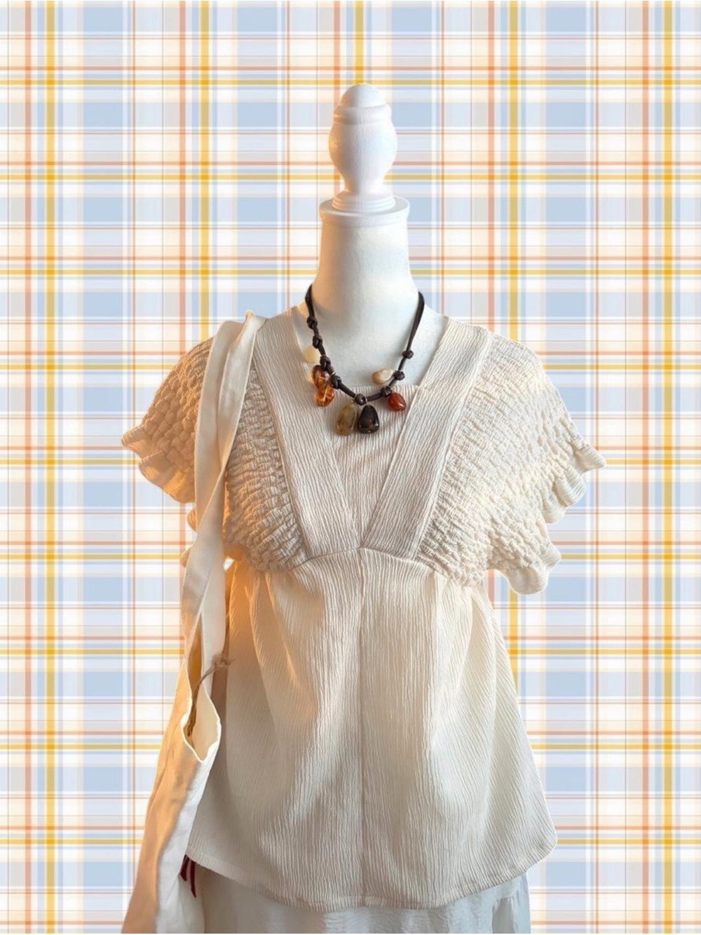 Women' Cream Smocked Sleeve Dress - Classic Summer Style